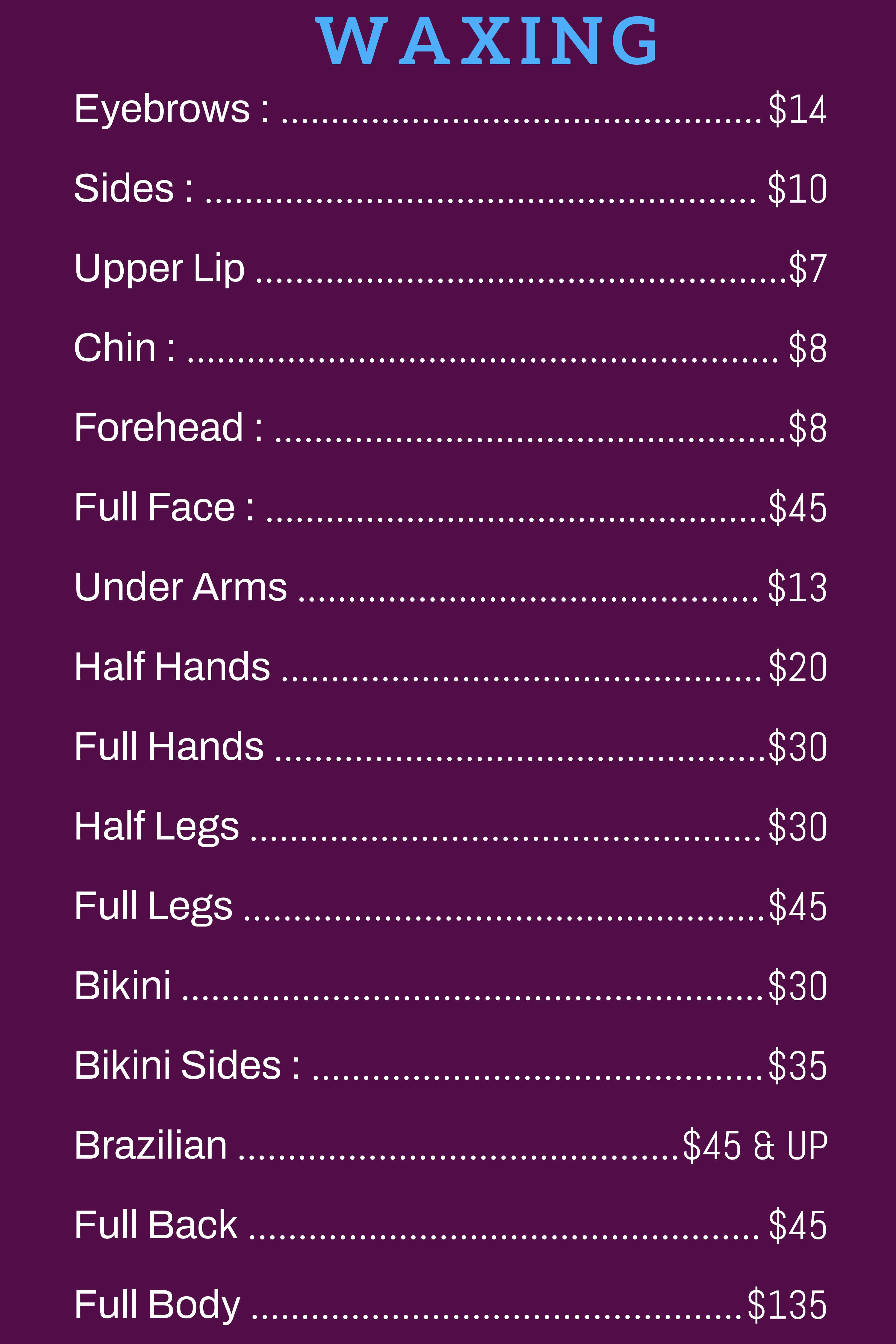 Waxing Menu Price